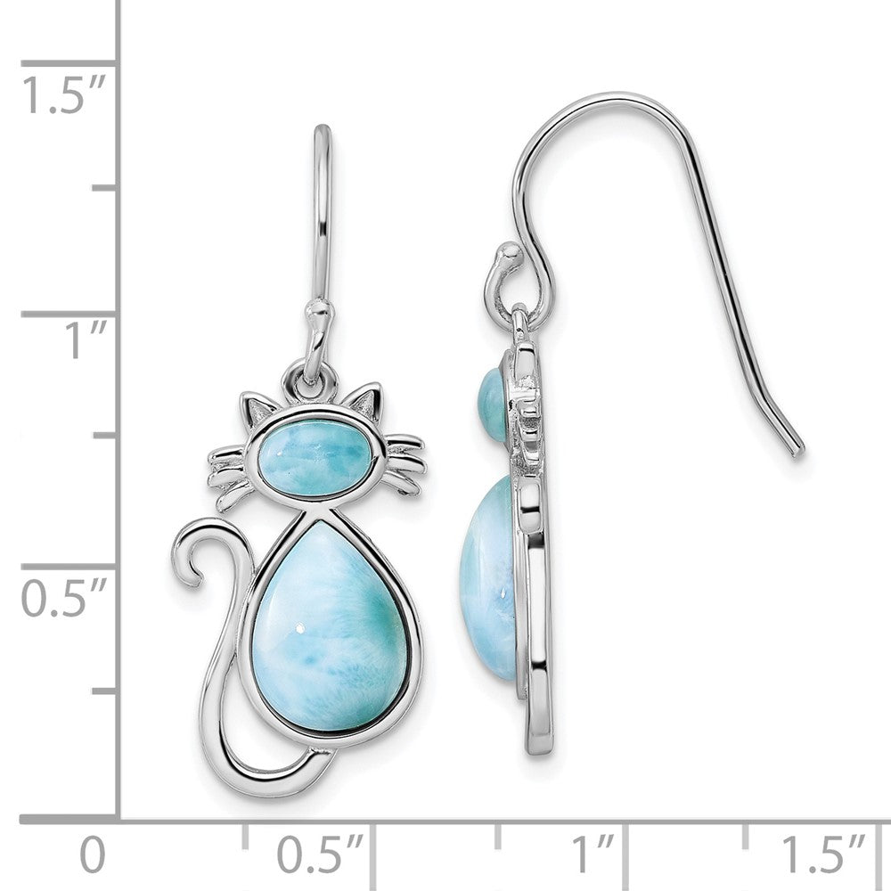 Rhodium-plated Sterling Silver Polished Larimar Cat Dangle Earrings