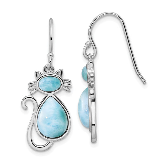 Rhodium-plated Sterling Silver Polished Larimar Cat Dangle Earrings