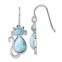 Rhodium-plated Sterling Silver Polished Larimar Cat Dangle Earrings