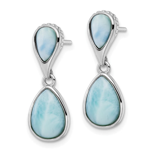 Rhodium-plated Sterling Silver Polished Pear Shape Larimar Dangle Earrings