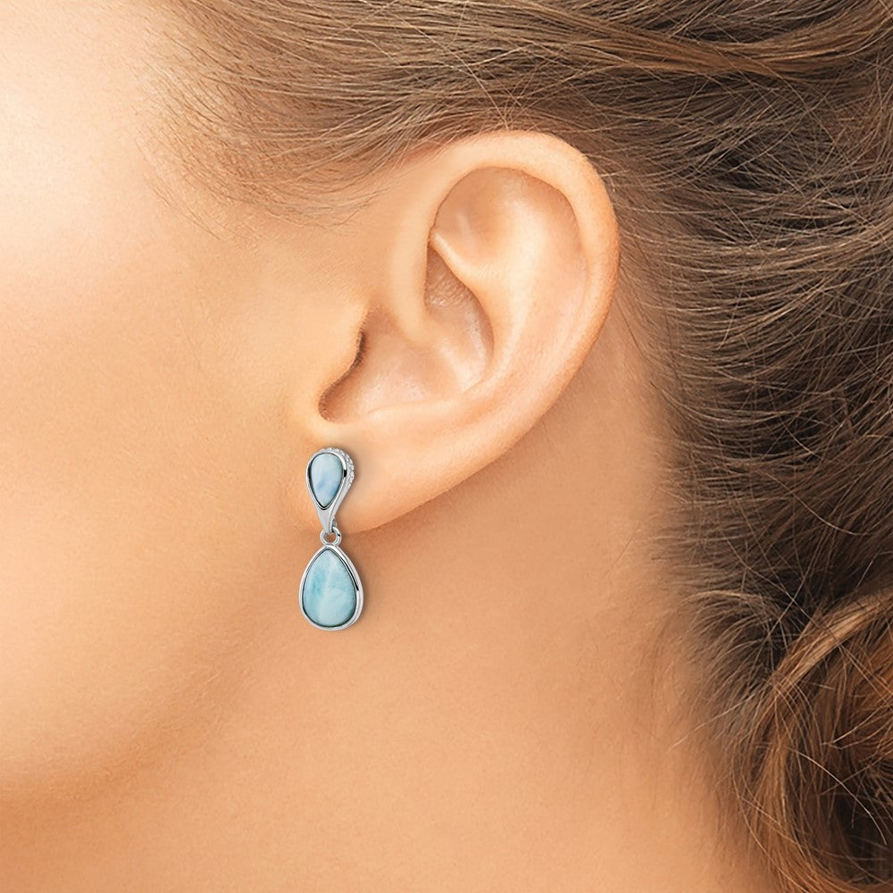 Rhodium-plated Sterling Silver Polished Pear Shape Larimar Dangle Earrings