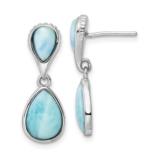 Rhodium-plated Sterling Silver Polished Pear Shape Larimar Dangle Earrings