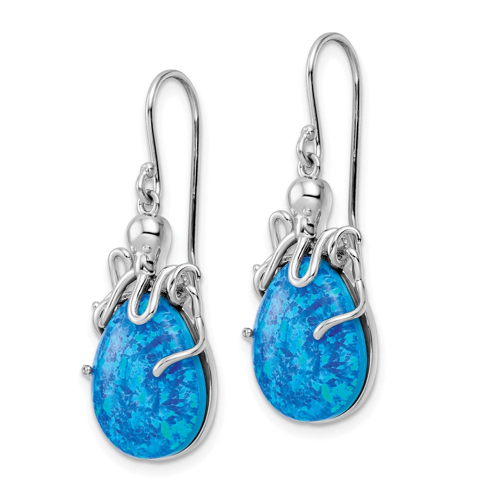 Rhodium-plated Sterling Silver Blue Created Opal Octopus Dangle Earrings