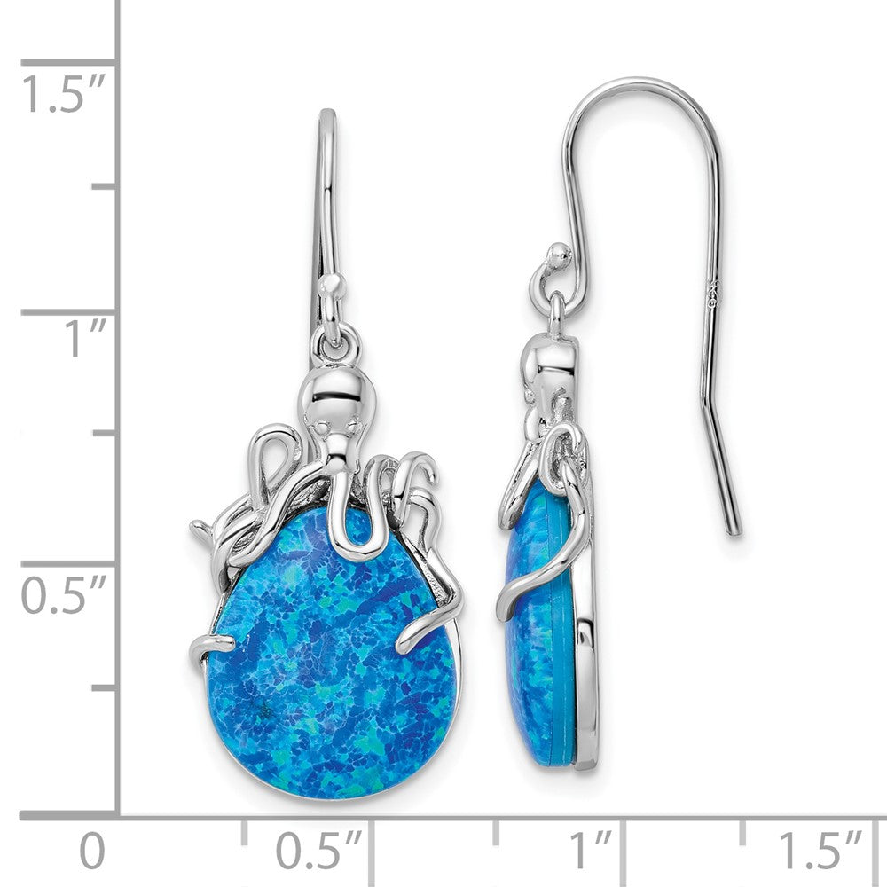 Rhodium-plated Sterling Silver Blue Created Opal Octopus Dangle Earrings