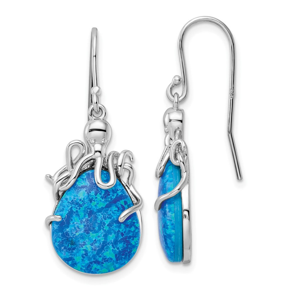 Rhodium-plated Sterling Silver Blue Created Opal Octopus Dangle Earrings