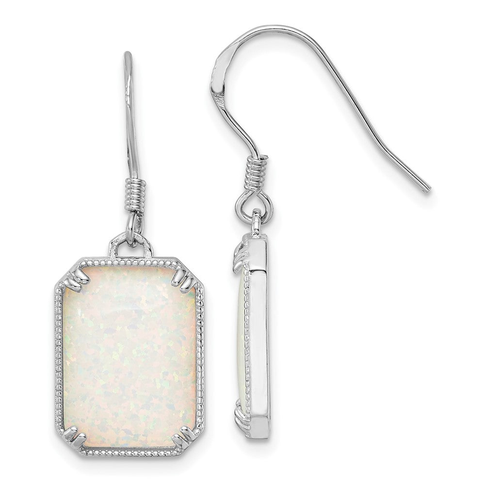 Rhodium-plated Silver White Created Opal Beaded Border Earrings