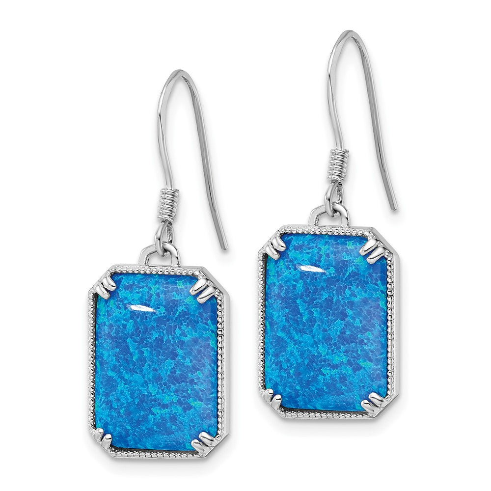 Rhodium-plated Silver Blue Created Opal Beaded Border Earrings