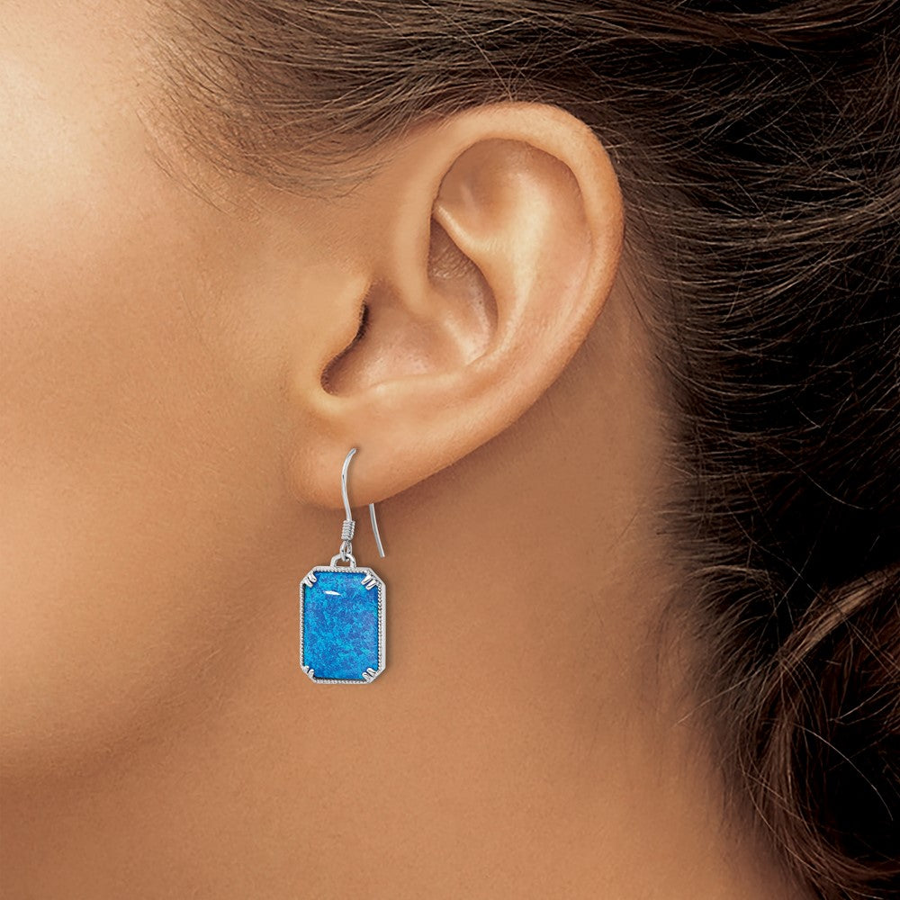 Rhodium-plated Silver Blue Created Opal Beaded Border Earrings