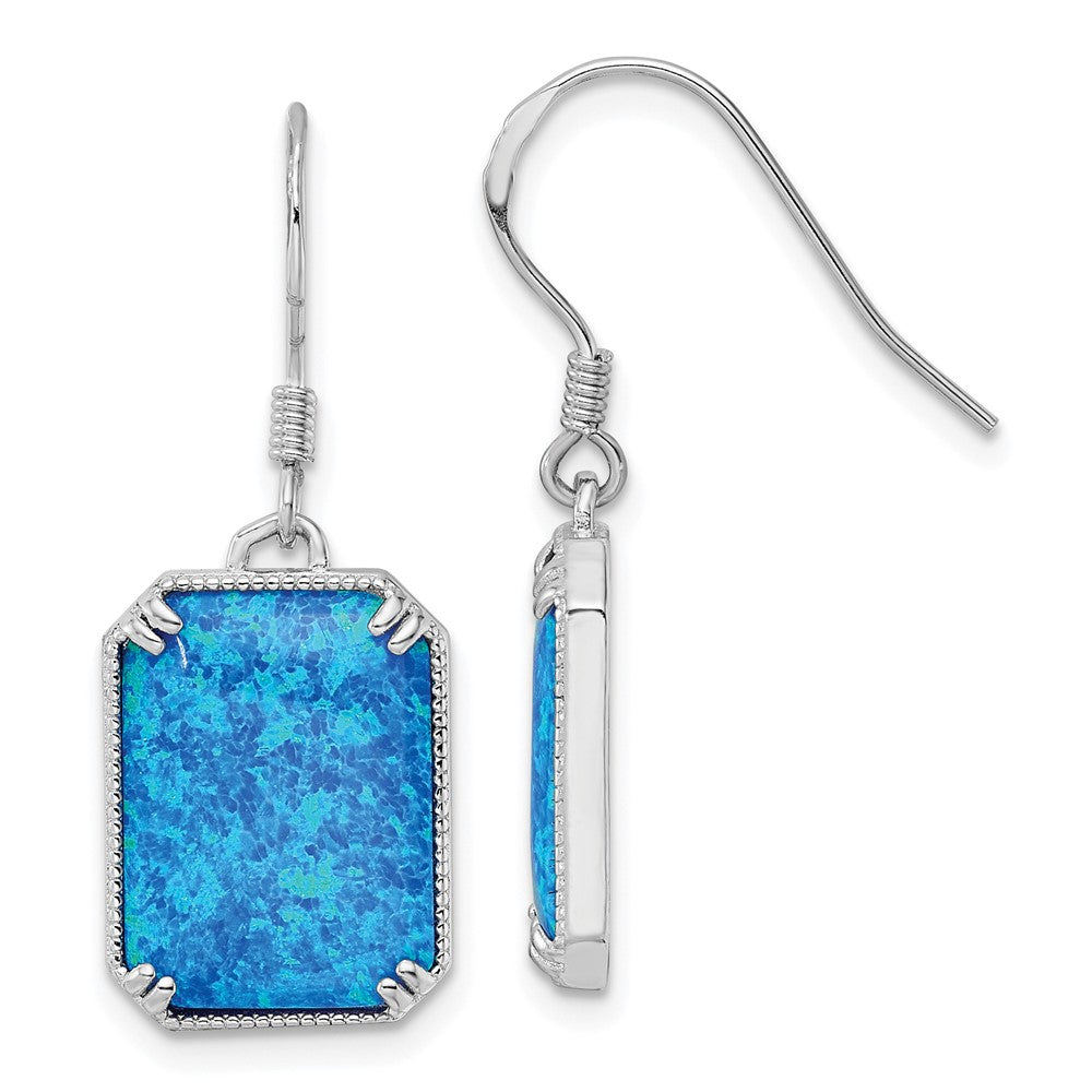 Rhodium-plated Silver Blue Created Opal Beaded Border Earrings