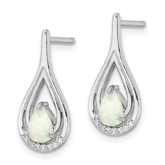 Rhodium-plated Silver Pear Shape White Created Opal CZ Post Earrings