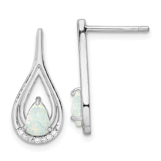 Rhodium-plated Silver Pear Shape White Created Opal CZ Post Earrings