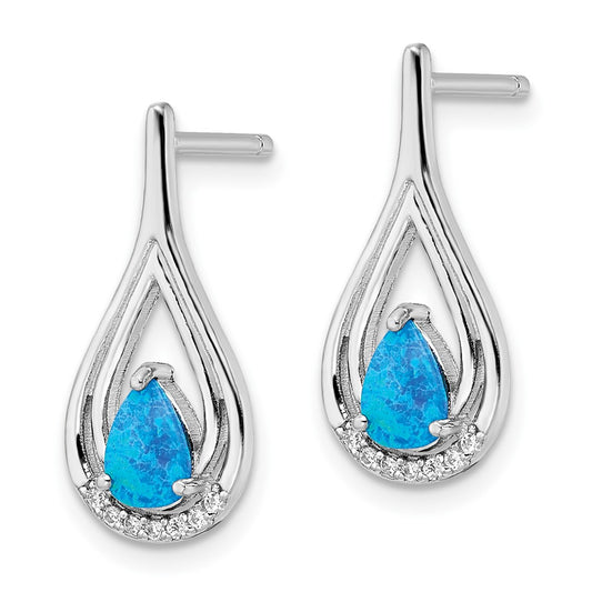 Rhodium-plated Silver Pear Shape Blue Created Opal CZ Post Earrings