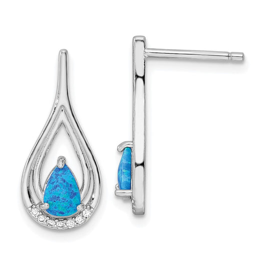 Rhodium-plated Silver Pear Shape Blue Created Opal CZ Post Earrings