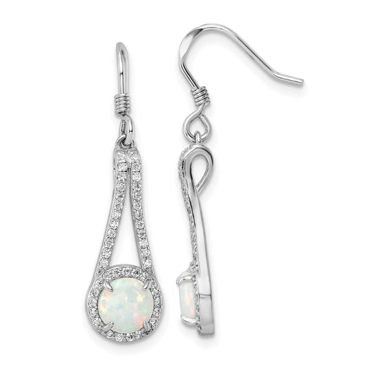 Rhodium-plated Sterling Silver CZ & White Created Opal Dangle Earrings