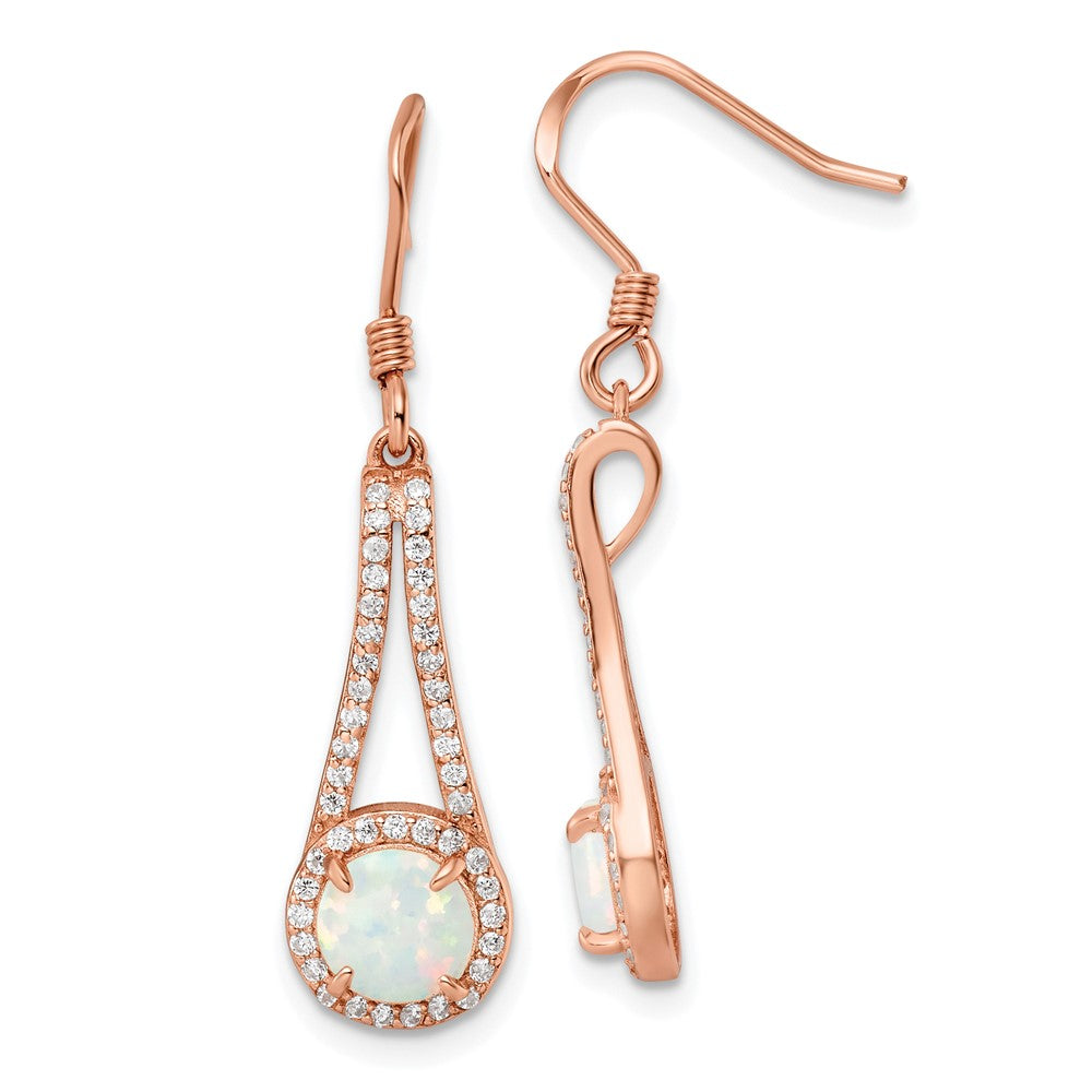 Rose Gold-plated Sterling Silver Polished CZ & White Created Opal Dangle Earrings