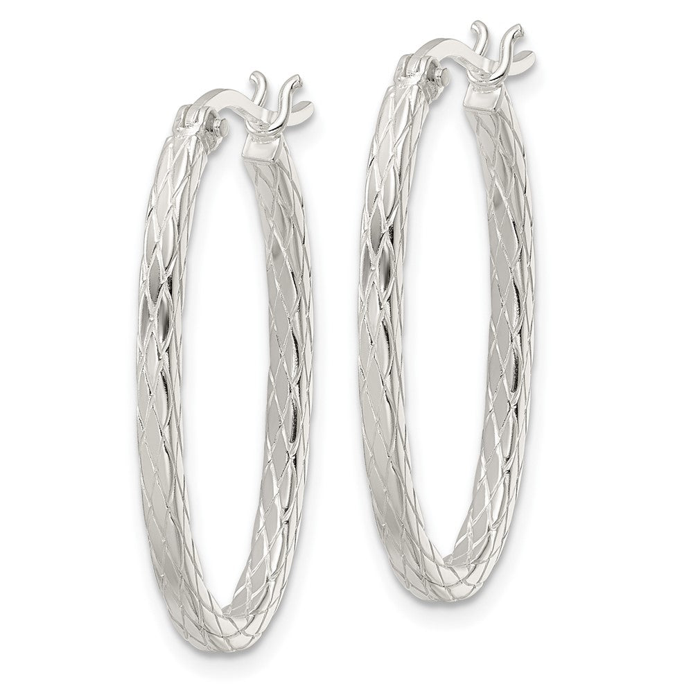 Sterling Silver Diamond Pattern Oval Hoop Earrings