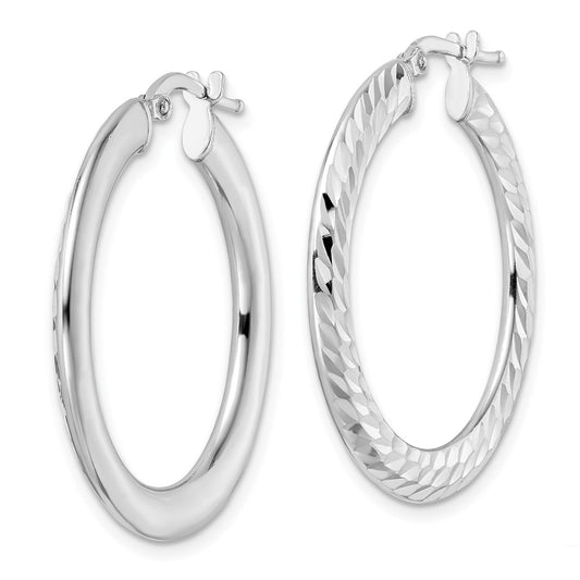 Rhodium-plated Sterling Silver 2x32mm Diamond-cut Knife-edge Tube Hoop Earrings