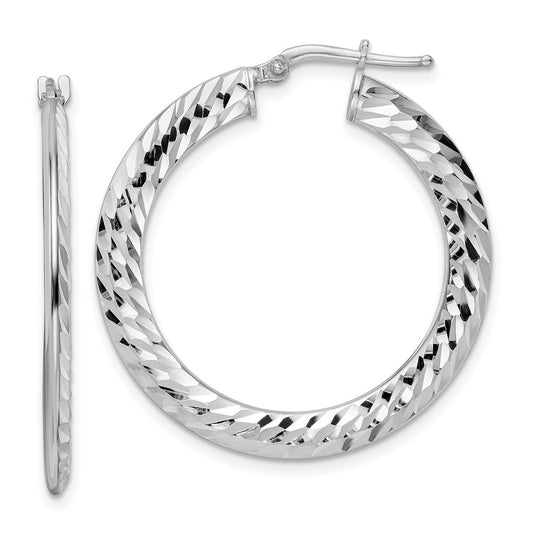 Rhodium-plated Sterling Silver 2x32mm Diamond-cut Knife-edge Tube Hoop Earrings