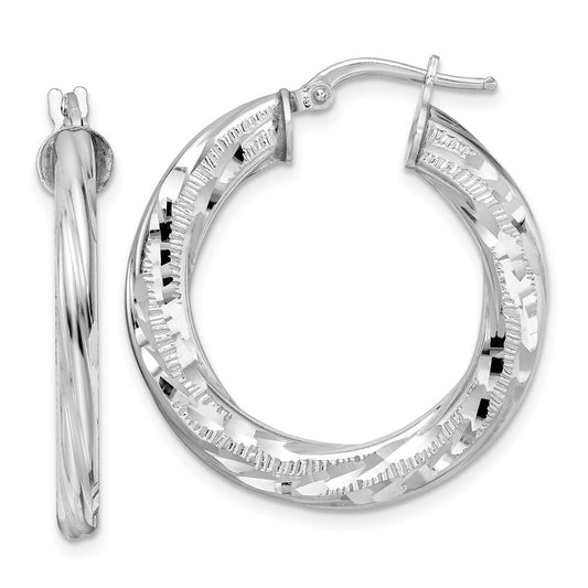 Rhodium-plated Sterling Silver 3x29mm Diamond-cut Twisted Tube Hoop Earrings