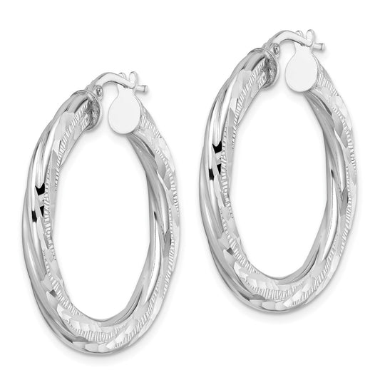 Rhodium-plated Sterling Silver 3x33mm Diamond-cut Twisted Tube Hoop Earrings