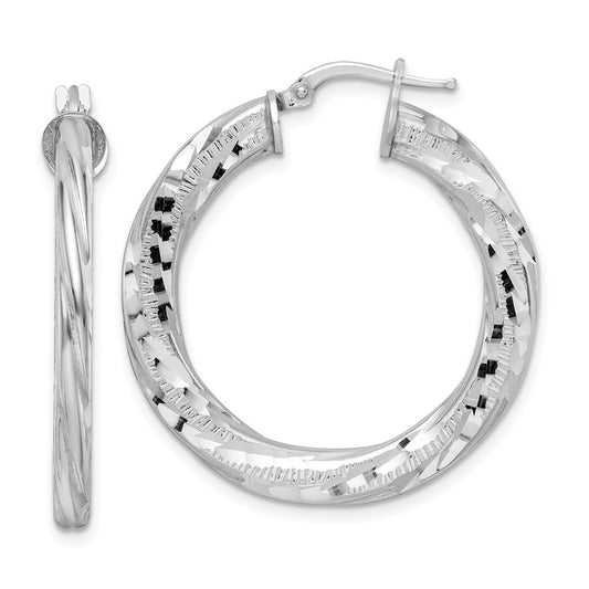 Rhodium-plated Sterling Silver 3x33mm Diamond-cut Twisted Tube Hoop Earrings