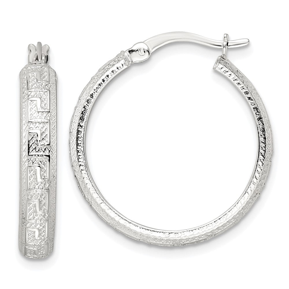 Sterling Silver Textured Greek Key 4x24mm Tube Hoop Earrings