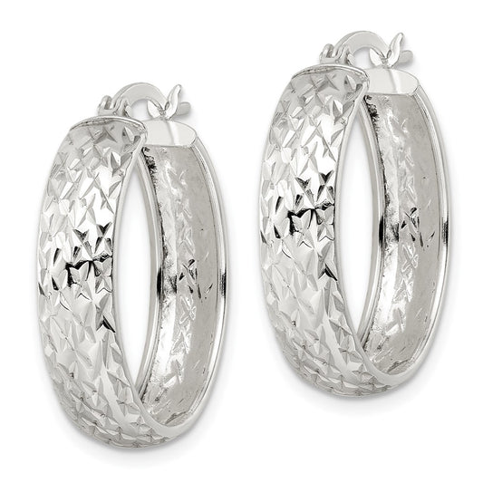 Sterling Silver Diamond-cut 6x25mm Hoop Earrings