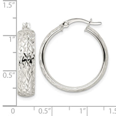 Sterling Silver Diamond-cut 6x25mm Hoop Earrings