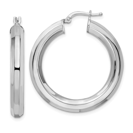 Rhodium-plated Sterling Silver 5x34mm Octagon Tube Hoop Earrings