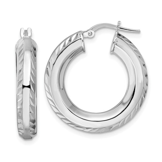 Rhodium-plated Sterling Silver 5x24mm Diamond-cut Octagon Tube Hoop Earrings