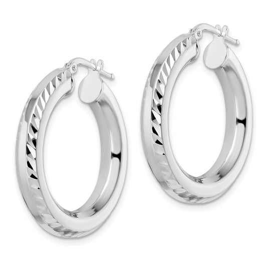 Rhodium-plated Sterling Silver 5x30mm Diamond-cut Octagon Tube Hoop Earrings