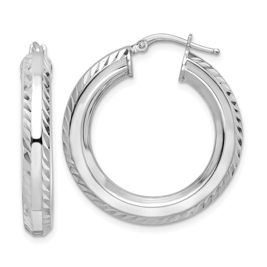 Rhodium-plated Sterling Silver 5x30mm Diamond-cut Octagon Tube Hoop Earrings