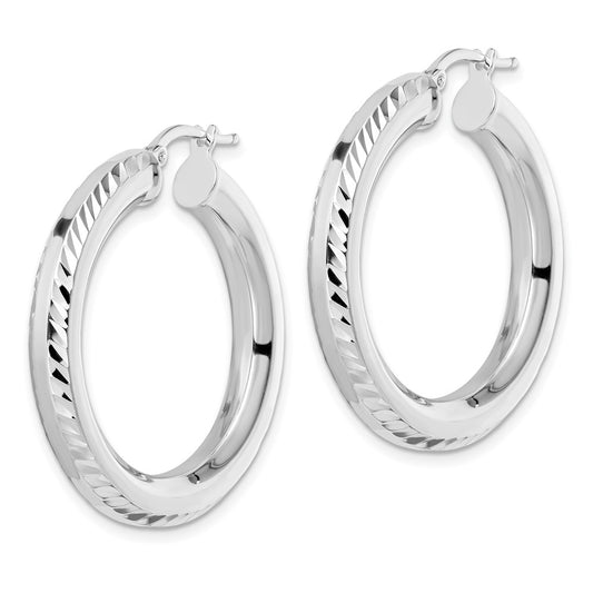 Rhodium-plated Sterling Silver 5x34mm Diamond-cut Octagon Tube Hoop Earrings