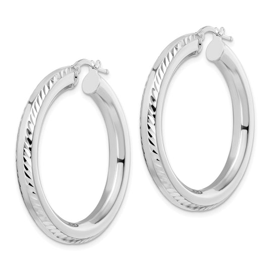 Rhodium-plated Sterling Silver 5x38mm Diamond-cut Octagon Tube Hoop Earrings