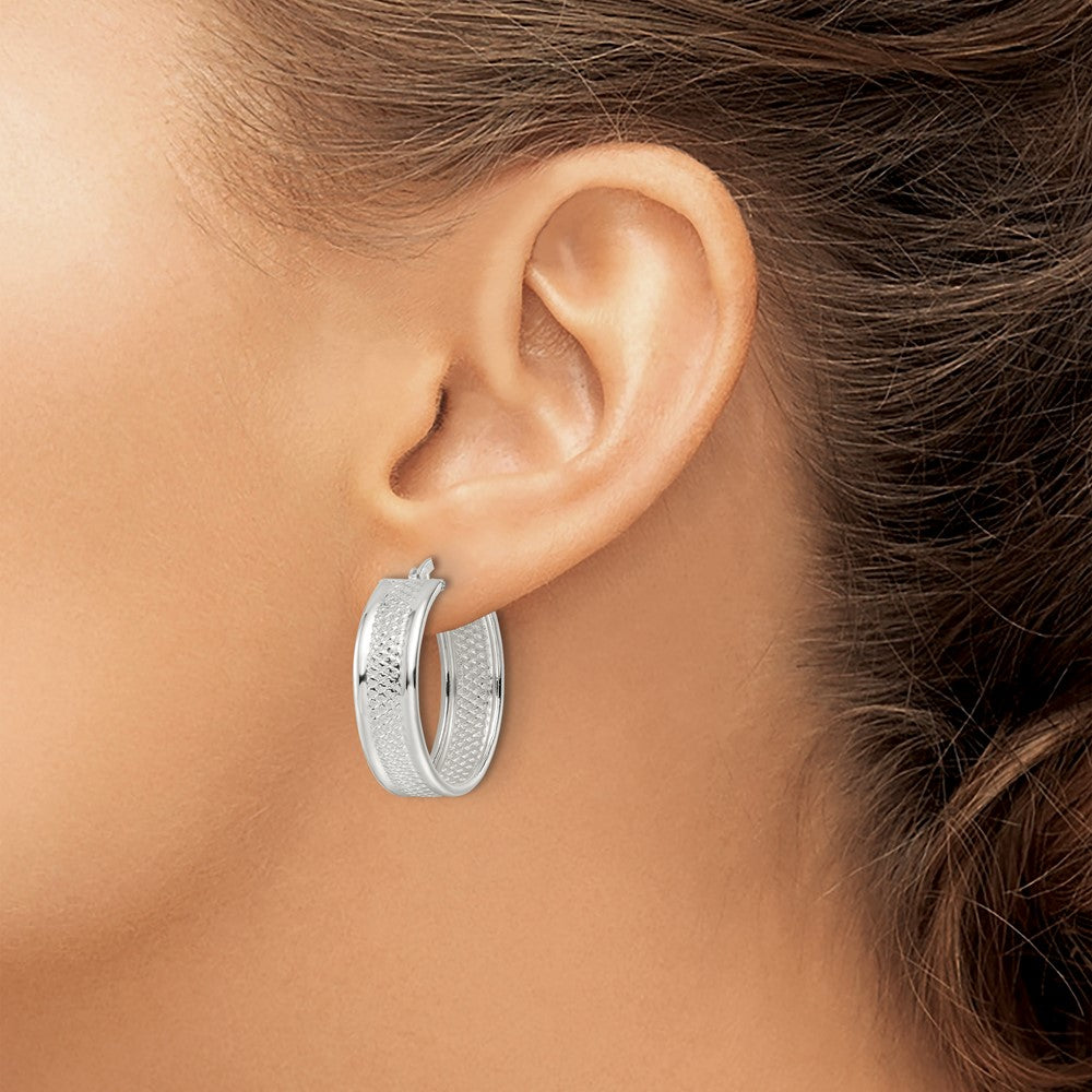 Sterling Silver Polished Textured 7.5x25mm Hoop Earrings