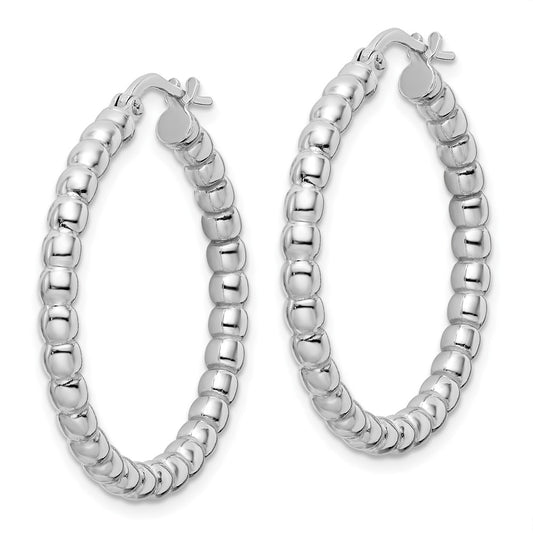 Rhodium-plated Sterling Silver Polished 3mm Beaded Hoop Earrings