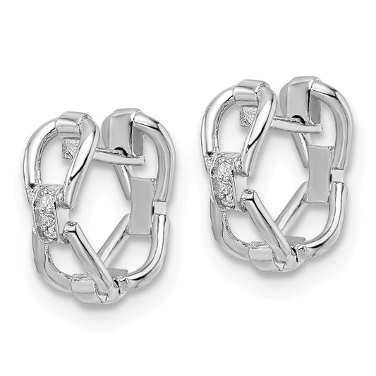 Rhodium-plated Sterling Silver Polished Links CZ Hinged Hoop Earrings