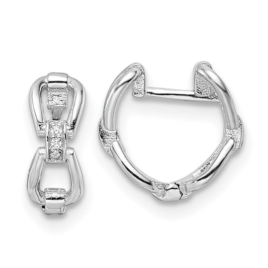 Rhodium-plated Sterling Silver Polished Links CZ Hinged Hoop Earrings