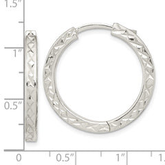 Sterling Silver Polished Diamond-cut Square Tube Locking Hoop Earrings