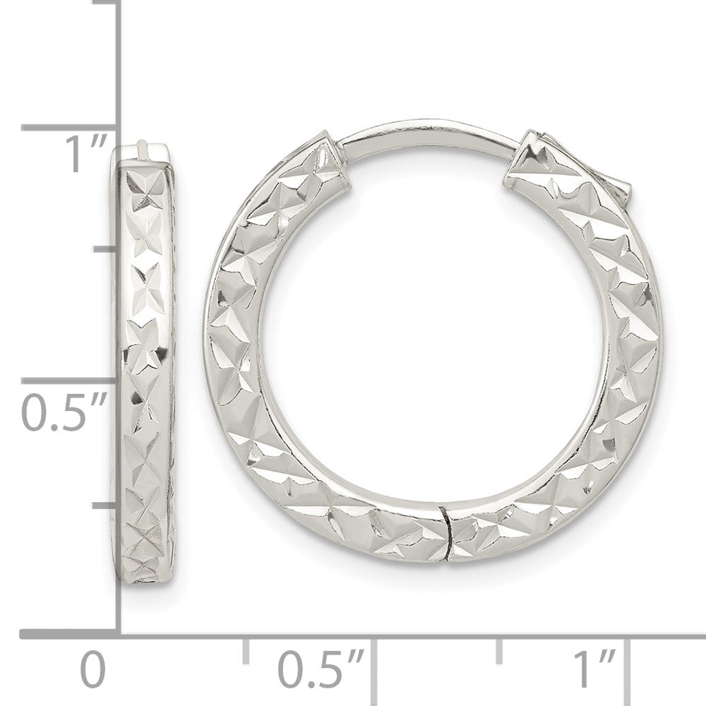 Sterling Silver Polished Diamond-cut Square Tube Locking Hoop Earrings