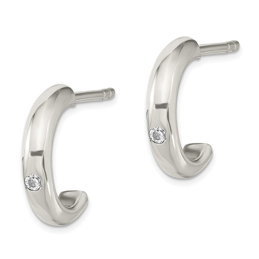 Sterling Silver Polished J-Hoop CZ Post Earrings