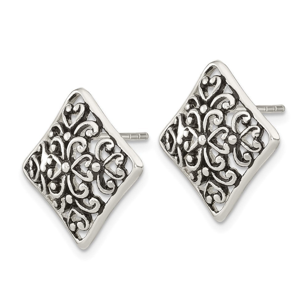 Sterling Silver Antiqued Square Filigree Post Earrings