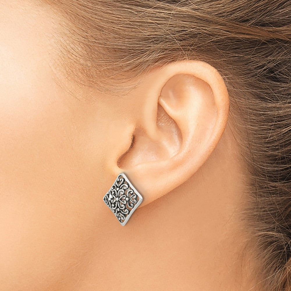 Sterling Silver Antiqued Square Filigree Post Earrings