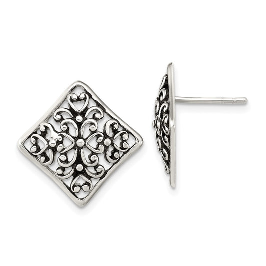 Sterling Silver Antiqued Square Filigree Post Earrings