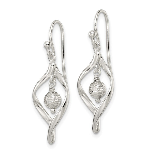 Sterling Silver Diamond-cut Twist with Ball Center Dangle Earrings