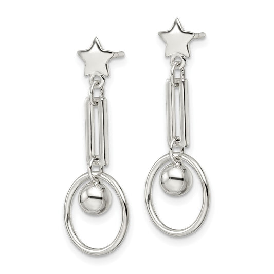 Sterling Silver Polished Star and Circle Dangle Post Earrings