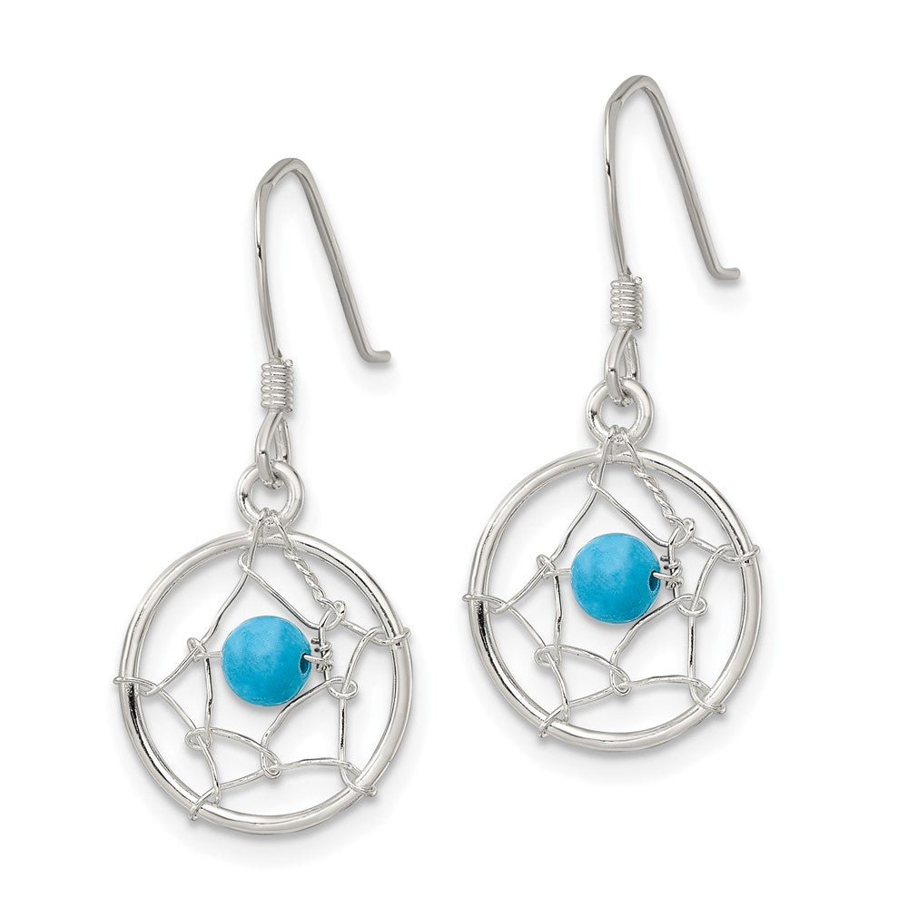 Sterling Silver Dream Catcher with Semi Precious Turquoise Bead Dangle Earrin