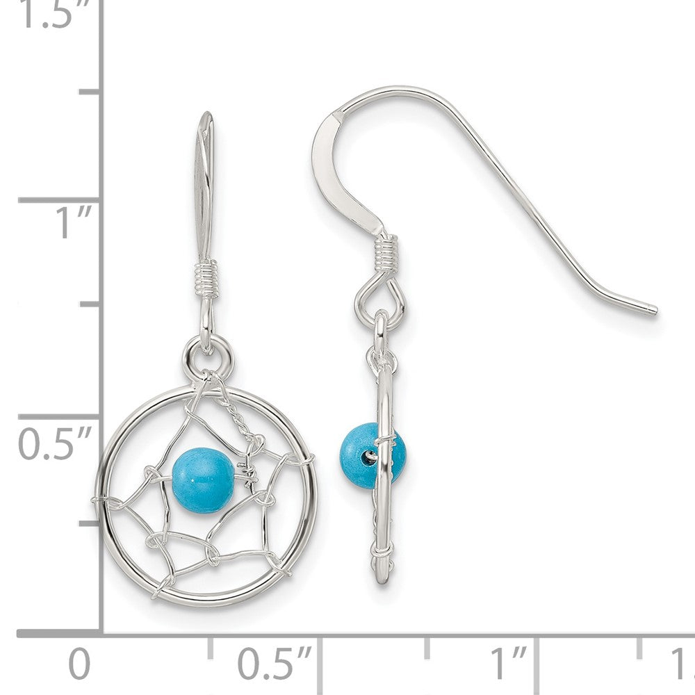 Sterling Silver Dream Catcher with Semi Precious Turquoise Bead Dangle Earrin