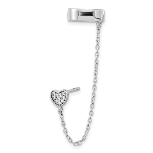 Sterling Silver CZ Heart Individual Post with 2" Cuff Earrings Ext. Chain