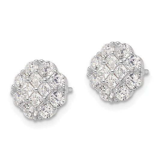 Rhodium-plated Sterling Silver Polished Flower Cluster CZ Post Earrings